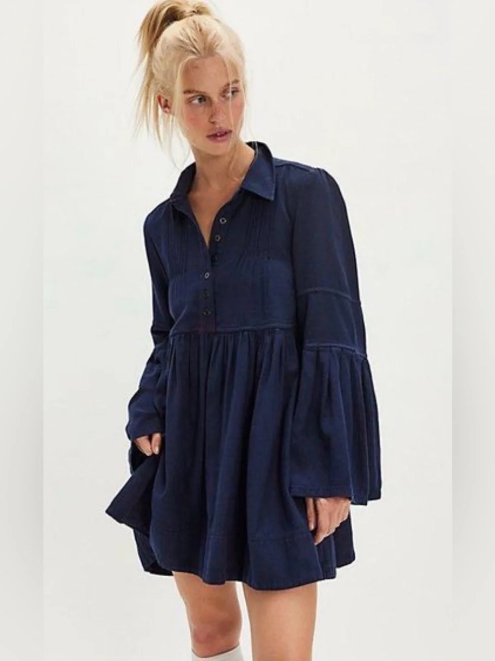 Free People We The Free Down East Denim Mini Dress in Clean Rinse Size XS NWT